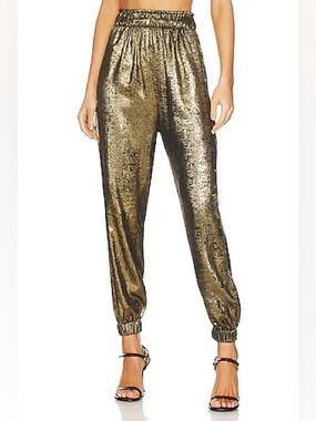 NONCHALANT Pandora Metallic Gold Jogger Pants Women's Shiny High-Waist Trousers